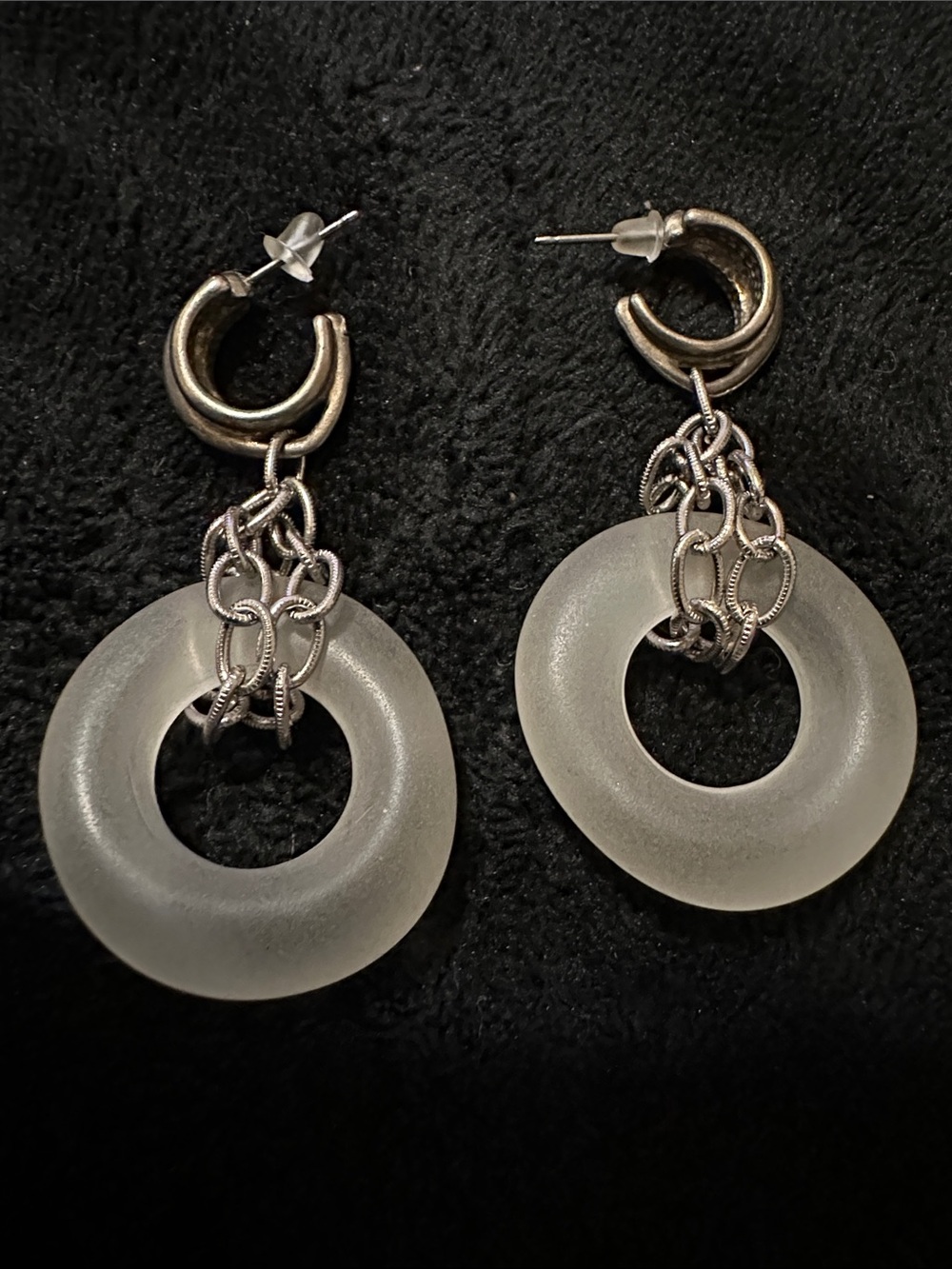 Silver-Tone Hoop Earrings with Frosted White Donut Drops